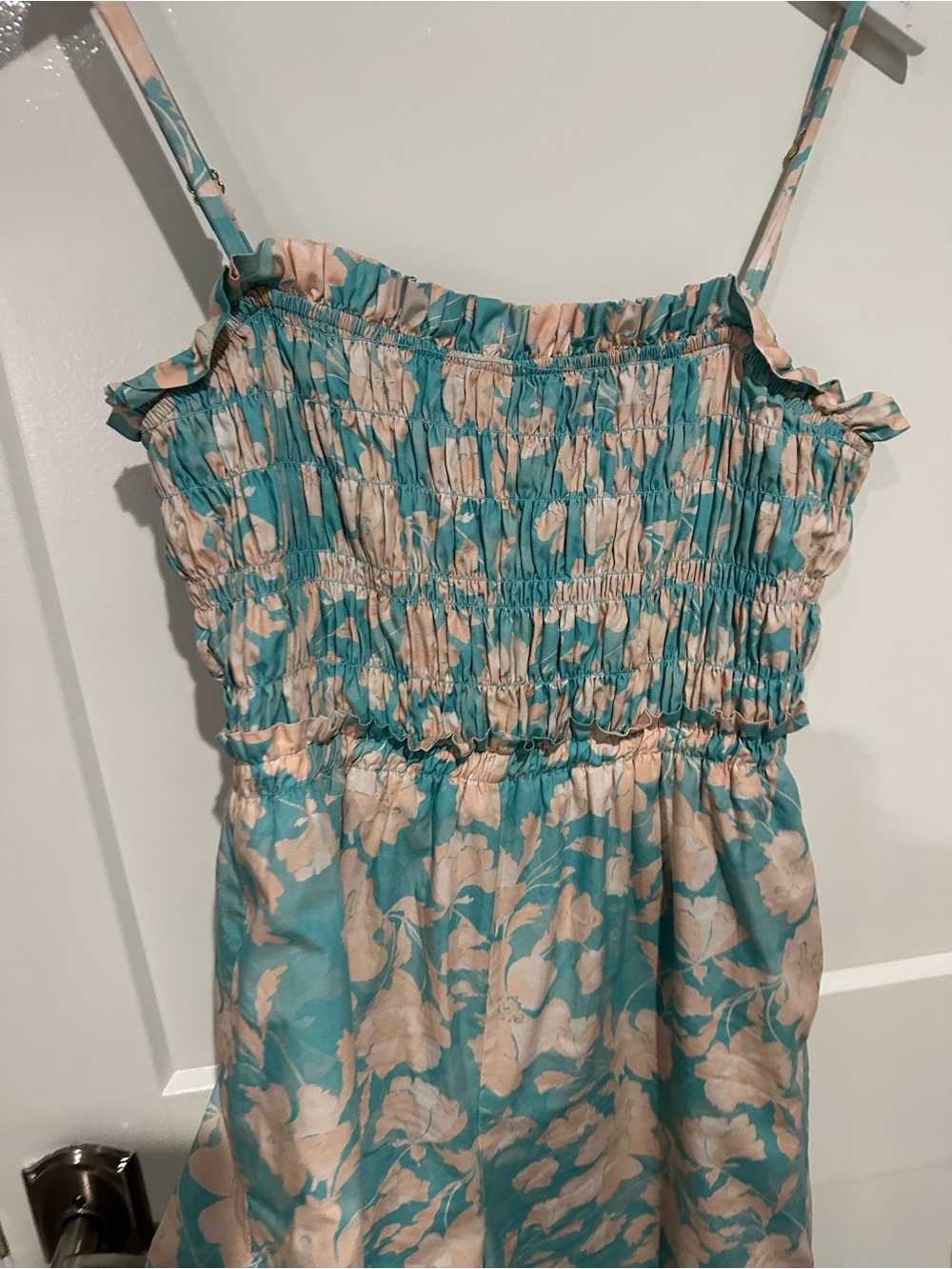 Anthropologie Hutch Smocked Blue Floral Wide Leg Jumpsuit Medium Cotton Pockets - Picture 5 of 7